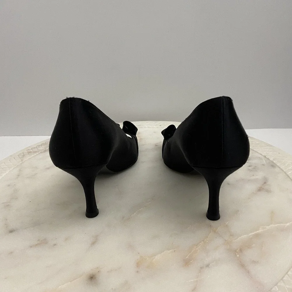 Stuart Weitzman Heels Open Toe Black Sandals Satin Ruffle Women's Size 6